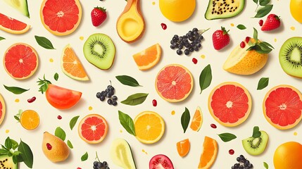 A Vibrant Arrangement of Fresh Fruit and Green Leaves