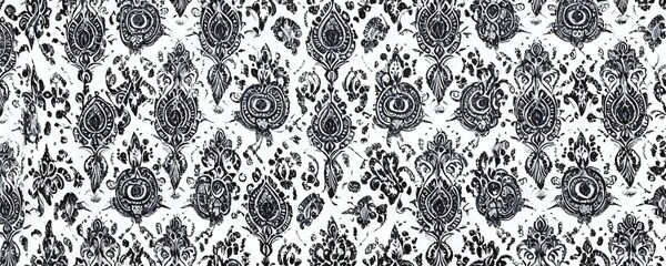Intricate black and white paisley pattern featuring floral motifs and elegant designs