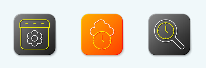 Set line Calendar spring, Clock and Magnifying glass with clock icon. Vector