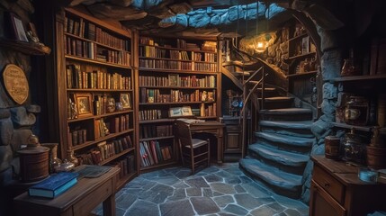 Witch or wizard alchemical laboratory with magic books and potions with mystic glow at night. Alchemist lab interior with wooden furniture and stone spiral staircase, vector cartoon illustration