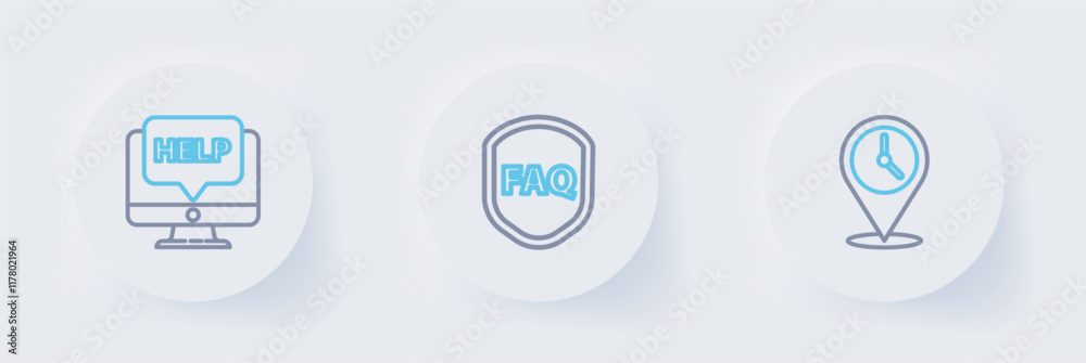 Poster set line location with clock, shield text faq and computer monitor and help icon. vector