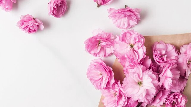 Pink cherry blossom flowers in envelope with buds on white marble table. Flat lay, top view. Holiday and wedding background. Spring concept