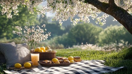  Spring picnic setup in a garden, with a checkered blanket laid out under a blooming tree, surrounded by fresh flowers and soft grass, creating a peaceful outdoor scene.