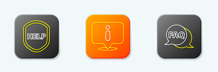 Set line Shield with text Help, Information and Speech bubble FAQ icon. Vector