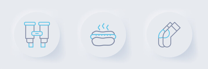 Set line Socks, Hotdog sandwich and Binoculars icon. Vector