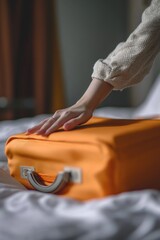 Fototapeta premium A person holds a piece of luggage on a bed, possibly waiting for travel plans to be confirmed