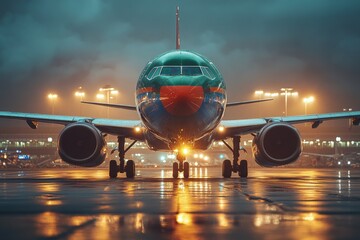 A commercial airliner parked on the airport runway, ready for departure or arrival