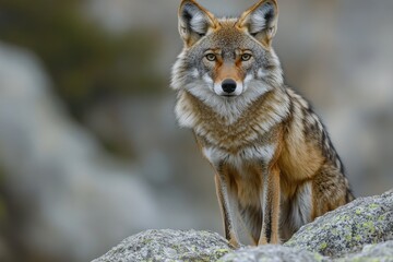 Fototapeta premium A wolf sitting on top of a large rock, with a scenic landscape in the background