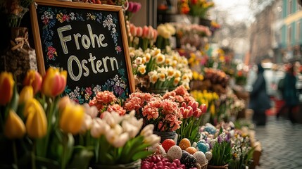  Cheerful pastel-colored "Frohe Ostern" sign displayed in a flower shop window, written in cursive letters, adding a festive and welcoming Easter touch.