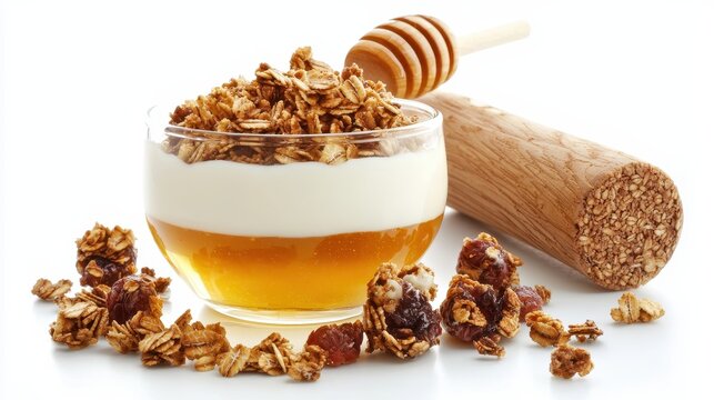 A bowl of fresh fruit yogurt parfait with granola and honey on a white isolated background