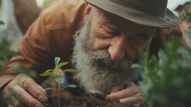 Elderly gardener nurtures young seedling in sustainable greenhouse using eco friendly practices