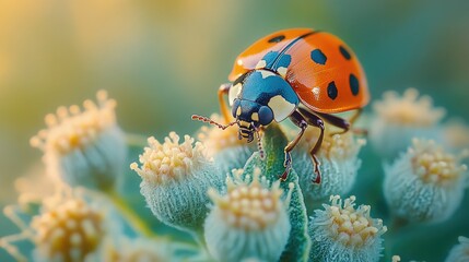 A small ladybug sits on the top of a leafy plant, surrounded by greenery