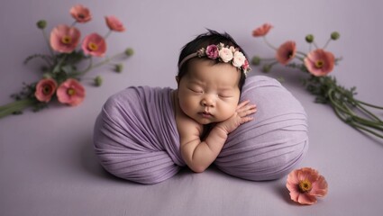 In the image, a peaceful newborn rests deeply, curled up on a soft, purple, cocoon-like wrap that mimics the womb, with their little hand placed gently on their cheek. The baby's slumber is accented