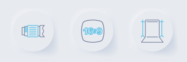 Set line Empty photo studio, Photo frame 16 and Camera lens icon. Vector