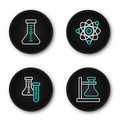 Set line Test tube flask on stand, Atom and icon. Vector