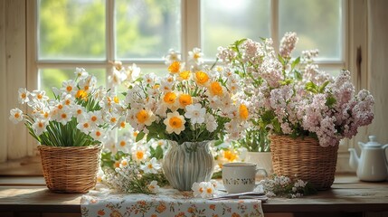 Fototapeta premium Fresh daffodils and lilacs arranged in rustic baskets and ceramic vase near a sunlit window, creating vibrant springtime ambiance with cozy, natural indoor charm.