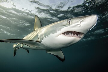 Obraz premium Close-up image of a shark's mouth, open and revealing sharp teeth