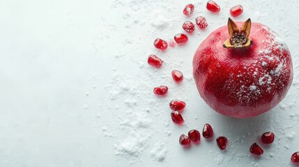A fresh pomegranate with bright red seeds spilling out on a white isolated background