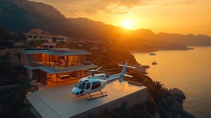 Helicopter at Sunset Over Coastal Mansion
