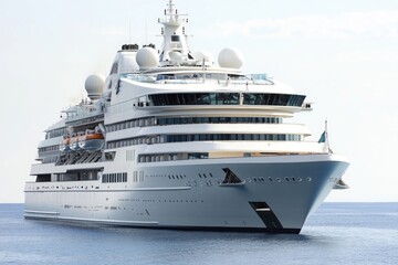 A large cruise ship sailing through the open ocean, surrounded by calm waters and blue sky