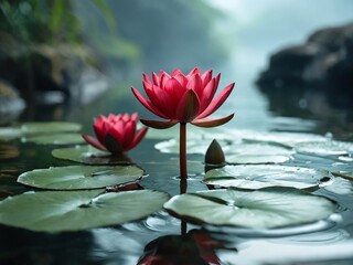 Pink water lilies bloom in a serene pond surrounded by lush greenery during the morning hours