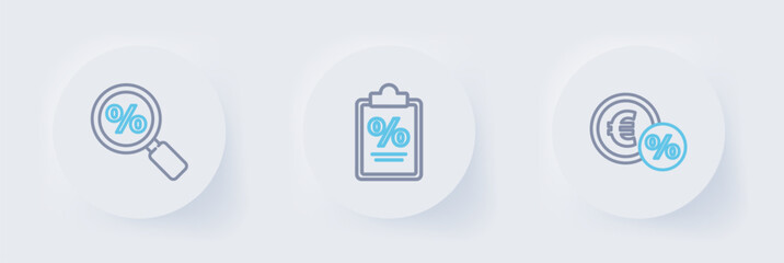 Set line Money coin with percent, Finance document and Magnifying glass icon. Vector