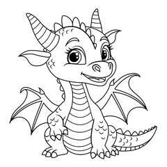 Cute little dragon. Black and white vector illustration for coloring book