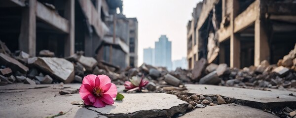 Pink flowers bloom among rubble in an abandoned cityscape showcasing nature's resilience amid urban decay