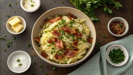Delightful bowl of savory bacon and cabbage dish garnished with herbs surrounded by fresh ingredients