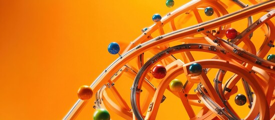 Colorful balls rolling on orange tracks.