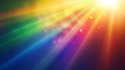 Obraz premium Overlay rainbow flare effect, lens glare and sunlight rays. Vector realistic illustration with spectrum light and shadows. Abstract background with refraction beams and blurred sparkles