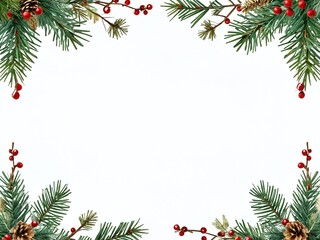 Festive holiday decoration featuring pine branches, berries, and cones on a blank background for seasonal greeting cards