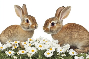 Obraz premium Two rabbits sit together in a sunny meadow filled with colorful flowers