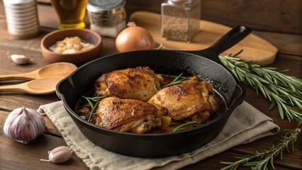 Rustic kitchen setting featuring delicious baked chicken thighs with herbs and spices prepared for a cozy meal