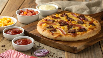 Savoring a rustic bacon cheeseburger pizza on a wooden board with vibrant fresh toppings