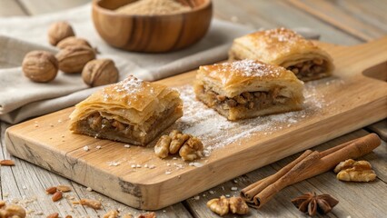 Fototapeta premium Enjoying traditional Greek pastry on a rustic wooden platter in a cozy setting filled with warm flavors