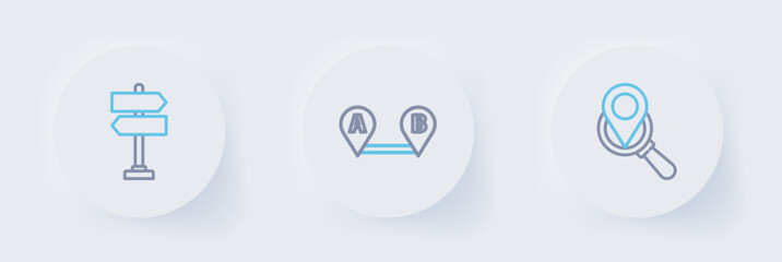 Set line Search location, Route and Road traffic sign icon. Vector
