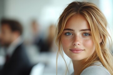Obraz premium A beautiful woman with long blonde hair and bright blue eyes, perfect for editorial or advertising use