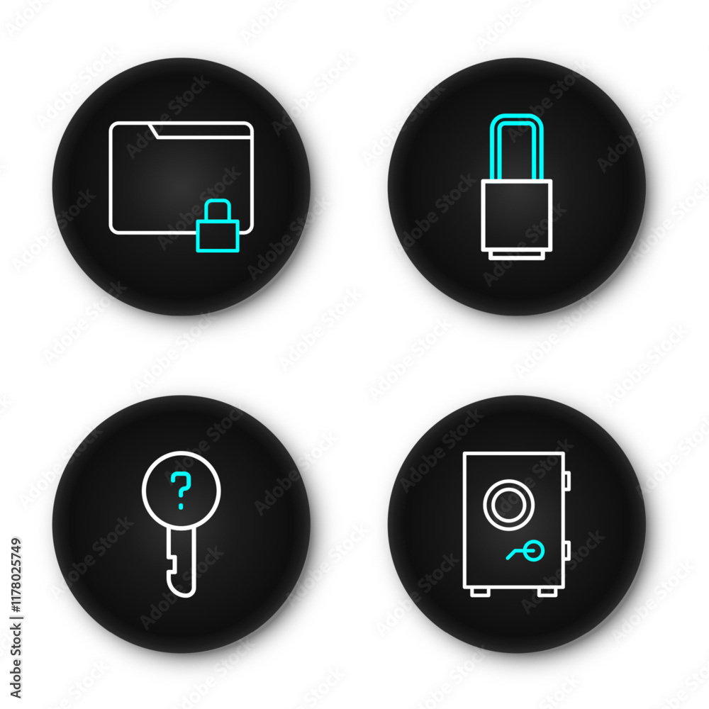 Poster set line safe, undefined key, lock and folder and lock icon. vector