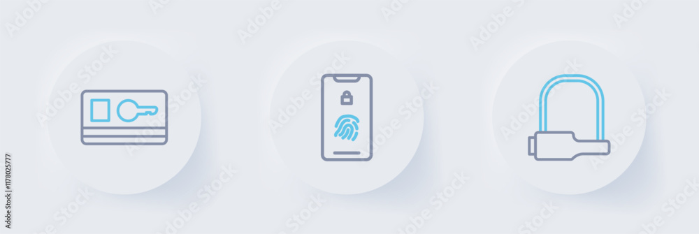 Poster set line bicycle lock, mobile with fingerprint scan and key card icon. vector
