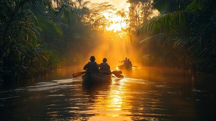 Canoeing through a tropical jungle at sunrise