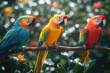 Obraz premium Three vibrant parrots perch on a tree branch, displaying their bright plumage