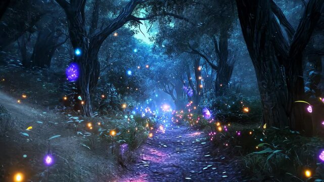 Mystical forest illuminated by glowing fairies on a magical night, An amazing magical night fairy forest full of mystical lights, fireflies and fairies