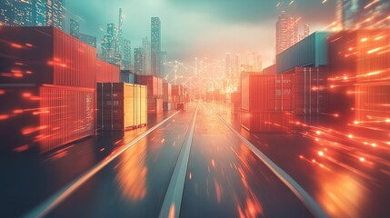 Technologies and Logistics: An intricate web of high-speed data transmissions overlaying global trade routes, highlighting the integration of digital technologies into logistics operations