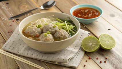 Steaming bowl of bakso featuring large, juicy meatballs garnished with fresh herbs and served with a tangy dipping sauce
