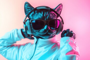 A curious cat wearing headphones and sunglasses, relaxing in a calm environment