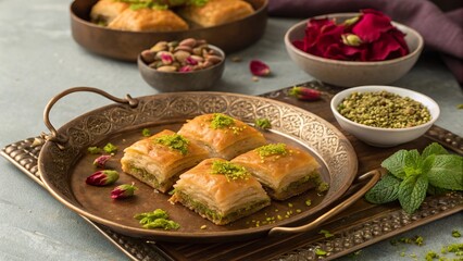 Indulging in rich flavors with a vintage brass tray filled with perfectly baked baklava