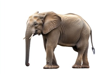 Obraz premium A single elephant stands against a white background, its tusks prominent