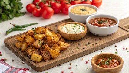 Delicious batata harra served with flavorful dips and fresh vegetables on a rustic wooden board