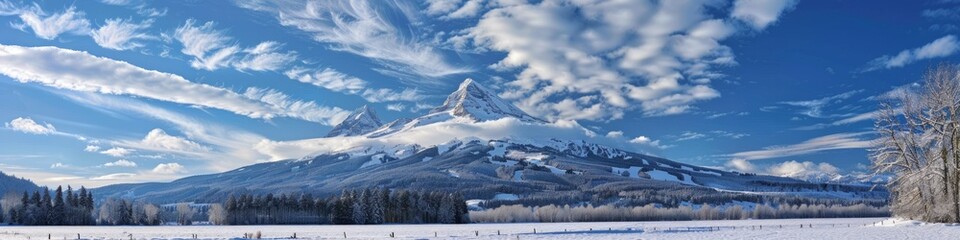Obraz premium Majestic snow-covered mountain peak under a vibrant blue sky with fluffy clouds accentuating the serene winter landscape
